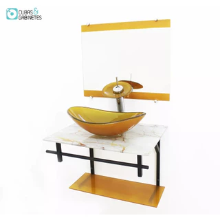 GABINETE DE VIDRO 60CM AP COM CUBA OVAL MÁRMORE BRANCO DOURADO