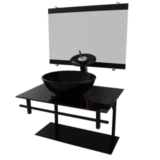GABINETE DE VIDRO 60CM AP COM CUBA REDONDA MÁRMORE PRETO DOURADO