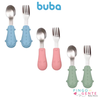 Kit Talher Em Inox Com Cabo Em Silicone Bebê Buba