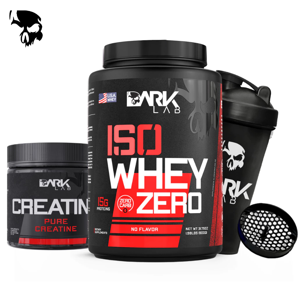 Iso Whey Protein Isolado Zero Carboidrato 900g + Creatina Monohidratada Pura 150g + Coqueteleira Caveira Preta 700ml – Dark Lab