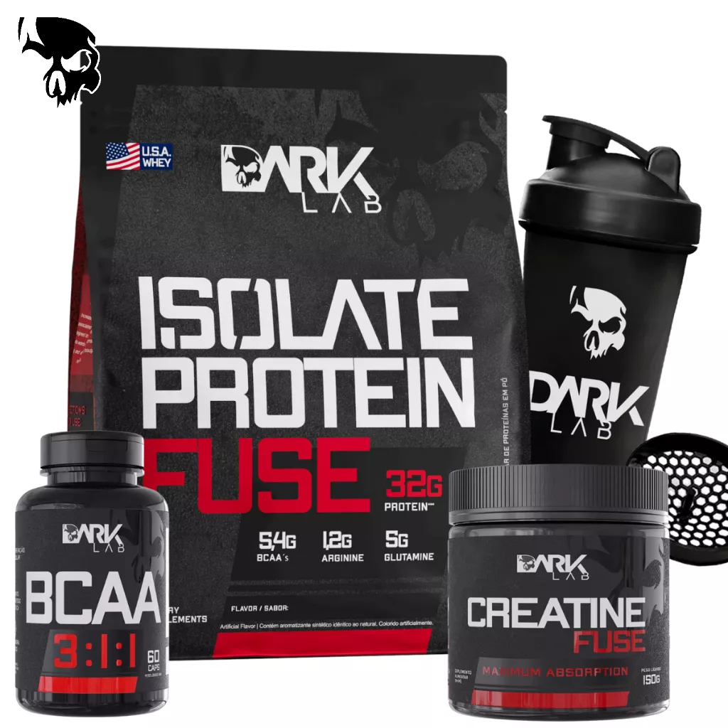 Kit Whey Protein Isolate 900g + Creatina Fuse 150g + Bcaa 60 Capsulas 3:1:1 + Coqueteleira 700ml Dark Lab