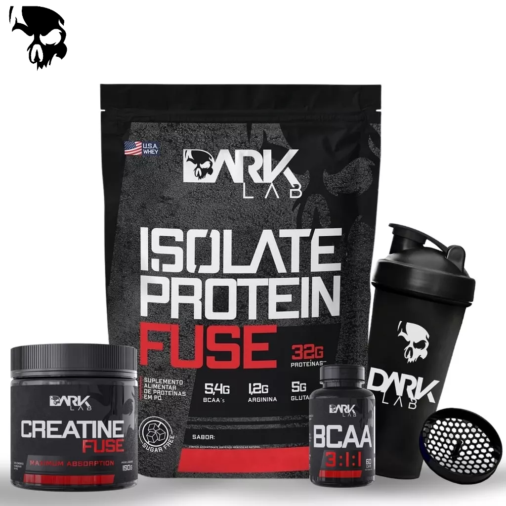 Kit Whey Isolate Protein Fuse 900g + Creatina Fuse Monohidratada 150g + BCAA 3:1:1 60 Cápsulas + Coqueteleira 700ml – Dark Lab