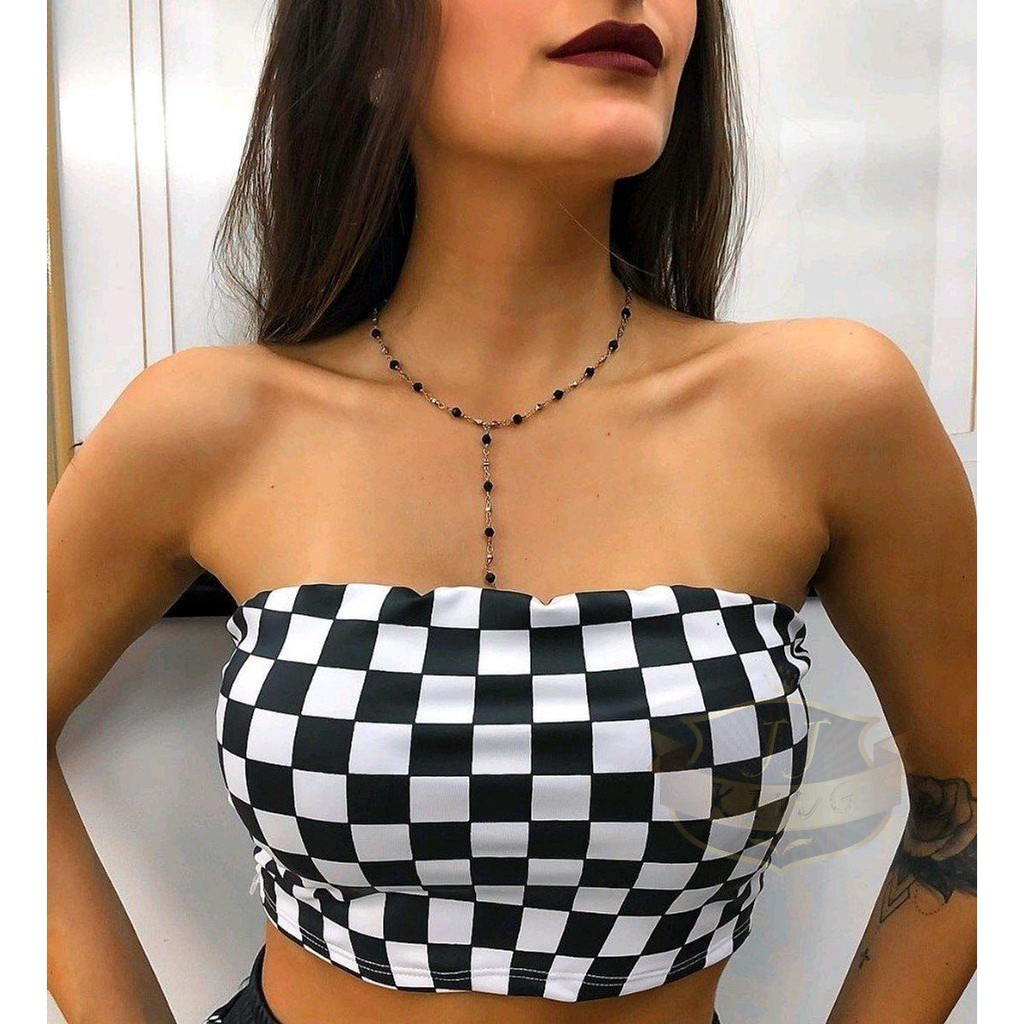 Blusa Cropped com Estampa Xadrez e Faixa Cruzada Preto/ Vermelho