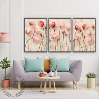Quadros Decorativos Mosaico 3 Peças 60x40 Floral Flores Tulipas Rose Moderno Sala Quarto Escritório