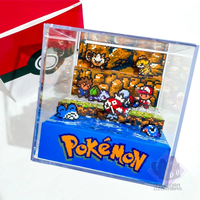 Cubo Diorama Pokémon Batalha Red vs Blue Acrílico 9x9x9cm