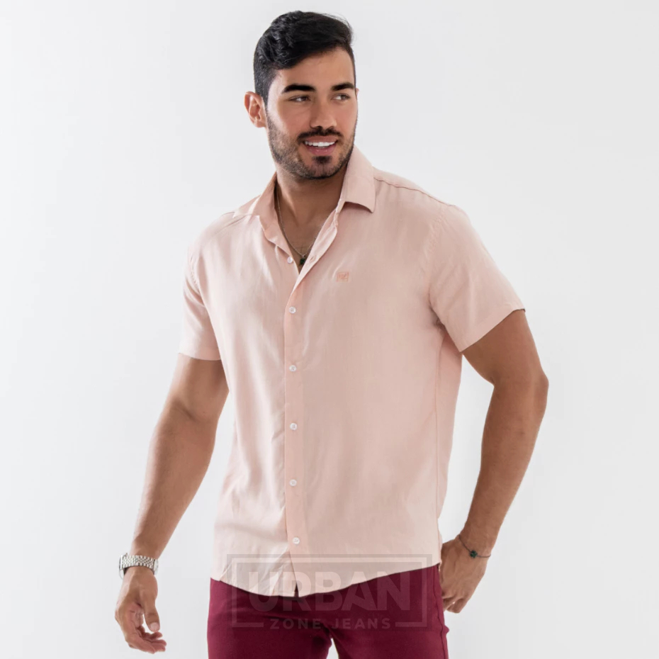 Camisa Masculina Manga Curta de Linho Slim Varias Cores