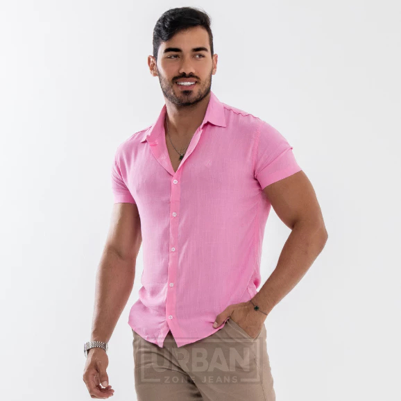 Camisa Masculina Manga Curta Slim Fit em Linho Premium