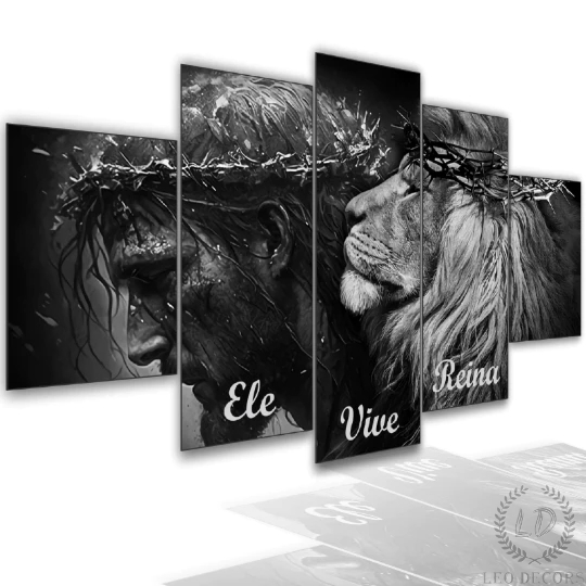 Quadros Decorativos Sala Quarto Leão + Jesus Cristo Ele Vive Reina