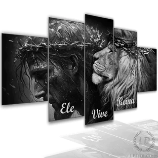 Quadros Decorativos Sala Quarto Leão + Jesus Cristo Ele Vive Reina