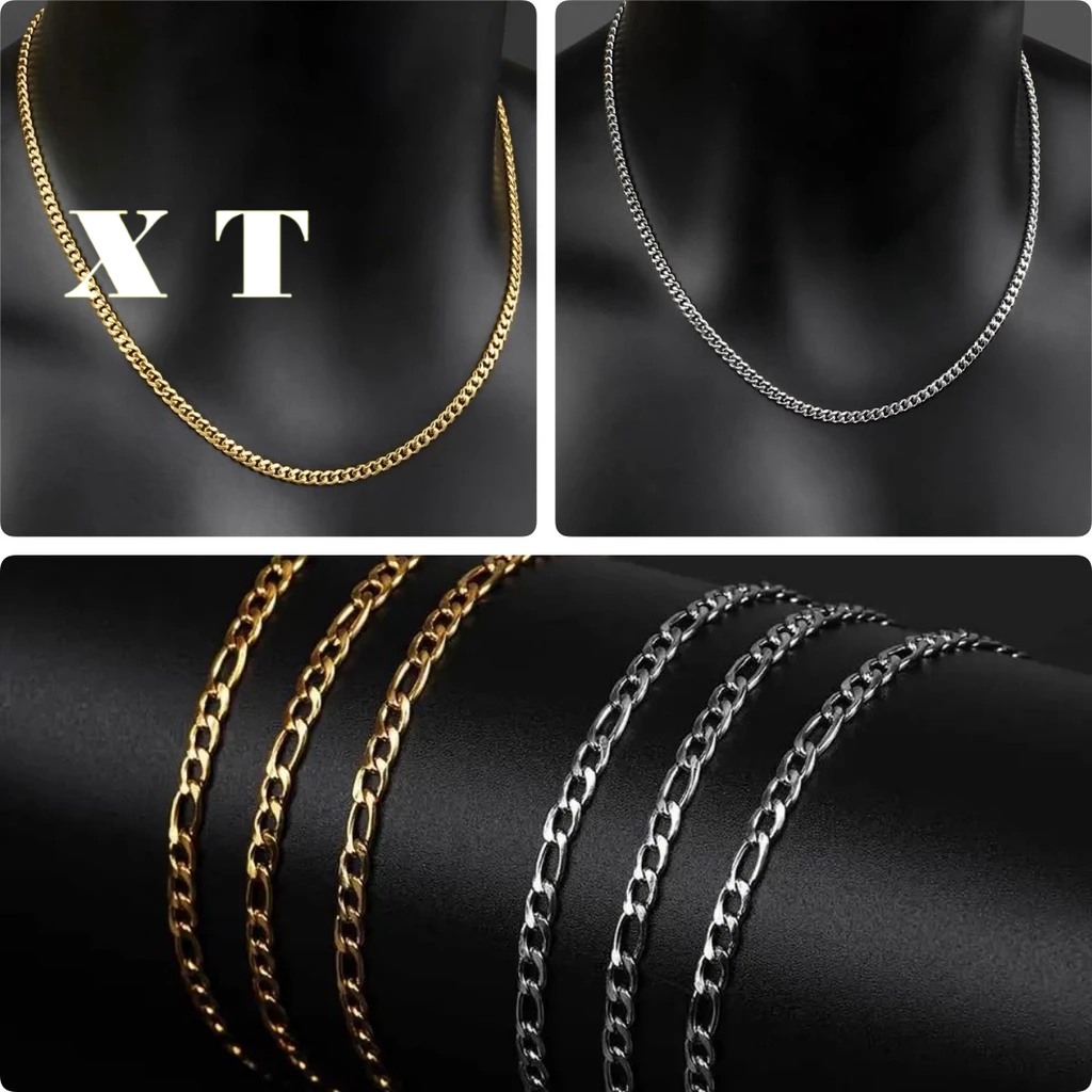 Conjunto Correntinha Masculina Grumet 3mm Colar e Pulseira Prata Dourada Aço inoxidável 316L