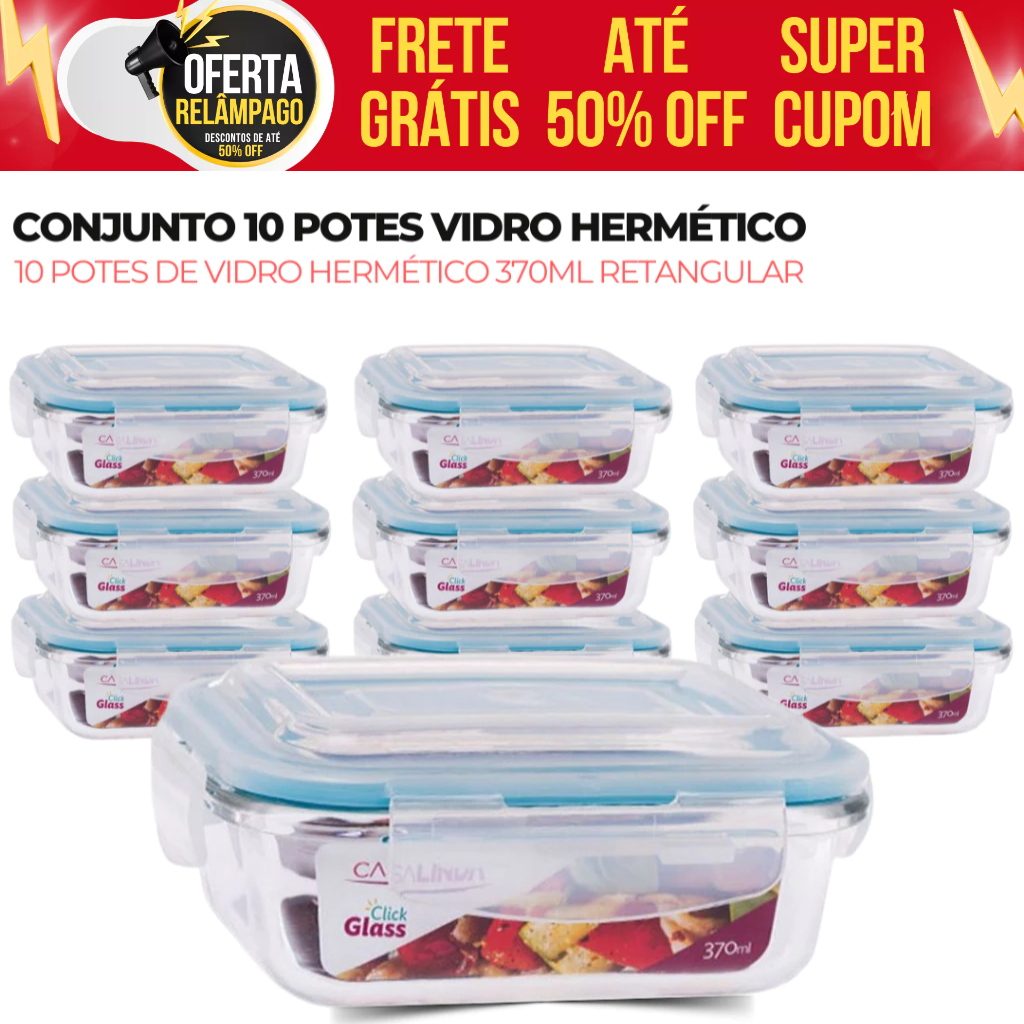 Conjunto 10 Potes Vidro Hermético Mantimentos Marmita 370ml