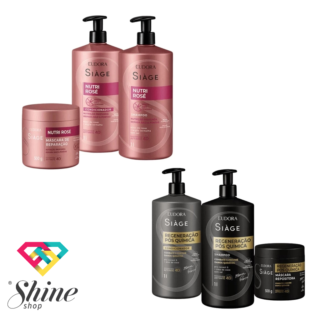Shampoo litro com Pump / Condicionador litro com Pump / Máscara 500ml Nutri Rosé/Regeneração Pós Química Eudora Siàge