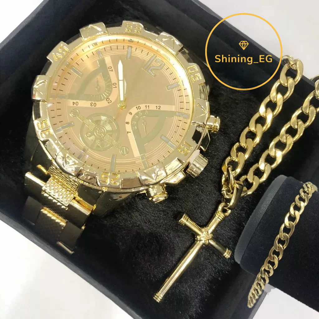 Conjunto Relógio Masculino + Corrente cruz e pulseira dourado/Prata/Preto