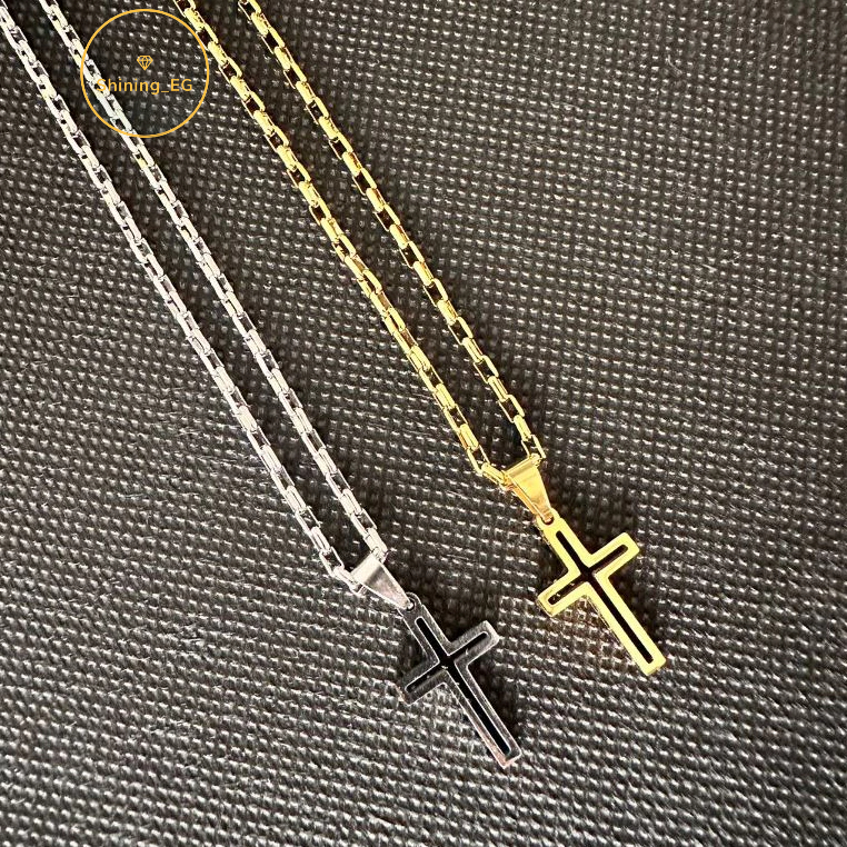 Corrente + Pingente Cruz Palito Prateado e Dourado Banhados a ouro 18k Cordão Cartier Masculina Crucifixo Moeda Antiga Aço Inoxidavel 316L