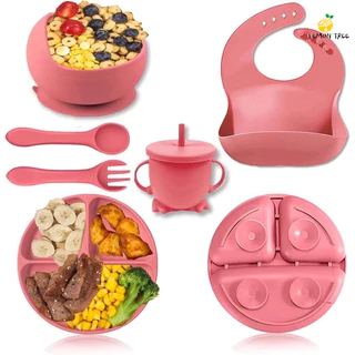 Kit 6/8 pecas Talheres do Bebê Conjunto Prato De Jantar De Silicone Para Bebês Com Tigela De ventosa Sippy Cup Bibs Colher