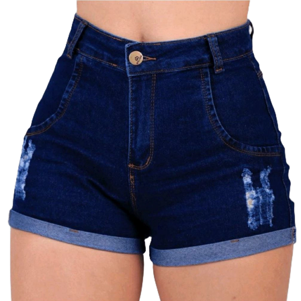 Short Jeans Feminino Cintura Alta Hot Pants Lavagem Escura Com Barra ...
