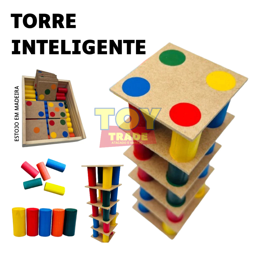 Jogo Torre Inteligente 63 peças Colorido Madeira Associação de Cores Educativo Pedagogico Brinquedo Premium