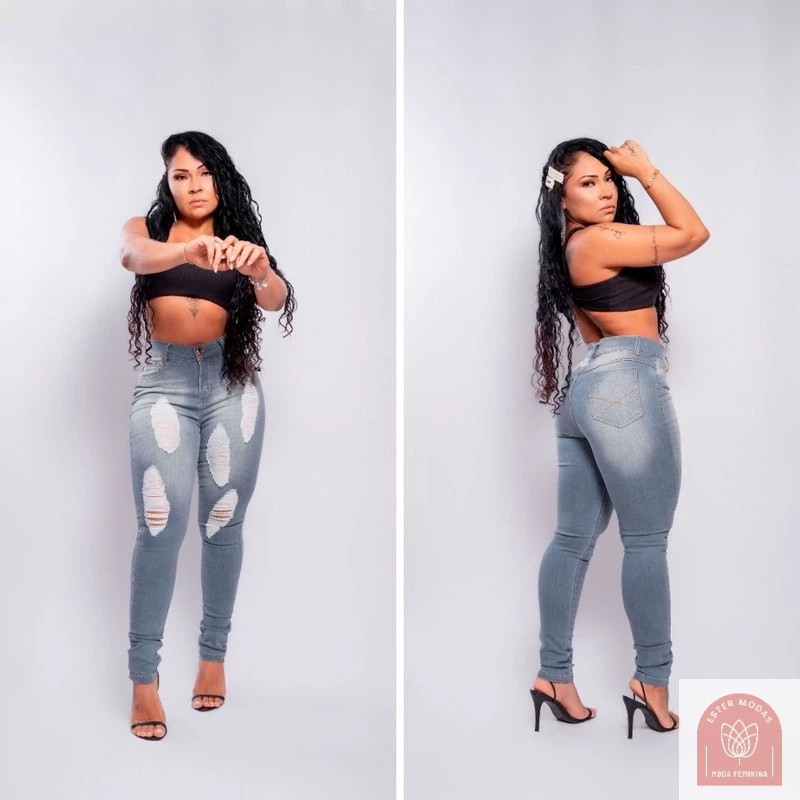 Calça Feminina Jeans Detonada Cinza,Moda Para Mulher Moda Feminina Tem Elastano Com Laycra