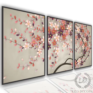 Quadros Decorativos Mosaico 3 Peças 60x40 Árvore de Cerejeiras Folhas Rose Moderno Sala Quarto Escritorio