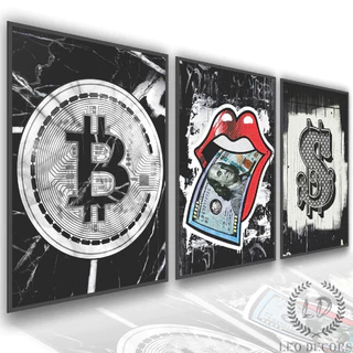 Quadros Decorativos Mosaico 3 Peças 60x40 Bitcoin Money Moderno Sala Quarto Escritorio