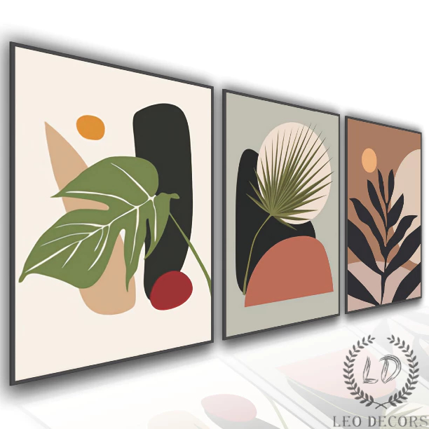 Quadros Decorativos Mosaico 3 Peças 60x40 Folhagem Folhas Boho Sala Quarto Escritório
