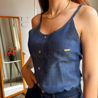Cropped Jeans de Alça P ao GG com Botões Blusa com Decote