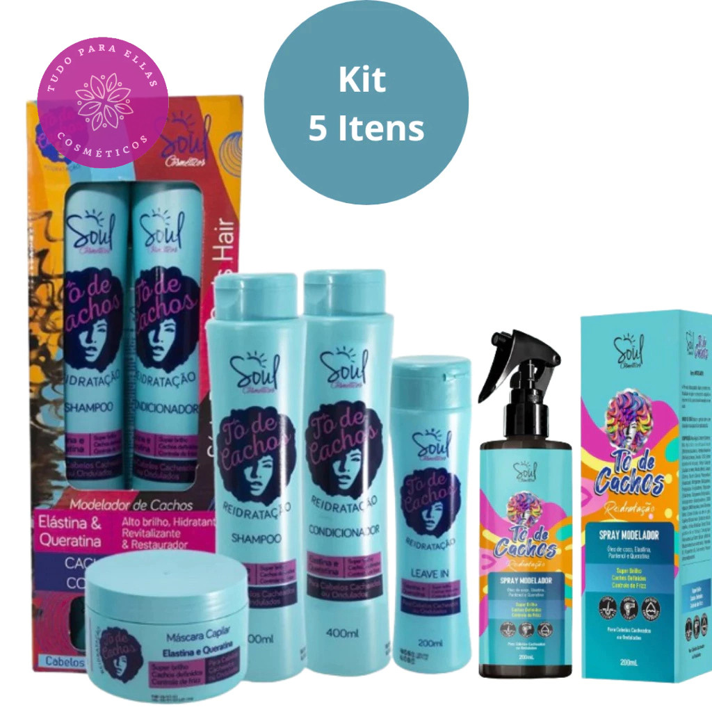 Kit Capilar Tô de Cachos Shampoo Condicionador Máscara de Hidratação Leave In e Spray finalizador Modelador Soul Cosméticos 380ml