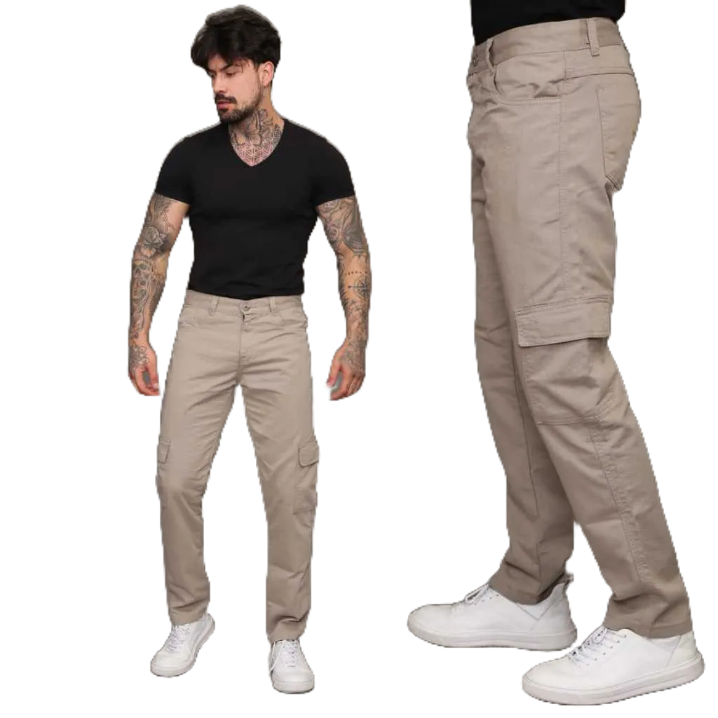Calça Masculina Cargo Sarja Caqui Bolso Lateral 100%Algodão