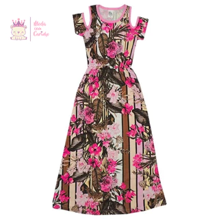 Vestido Infantil Longo Listrado Floral Rosa - Big Bless