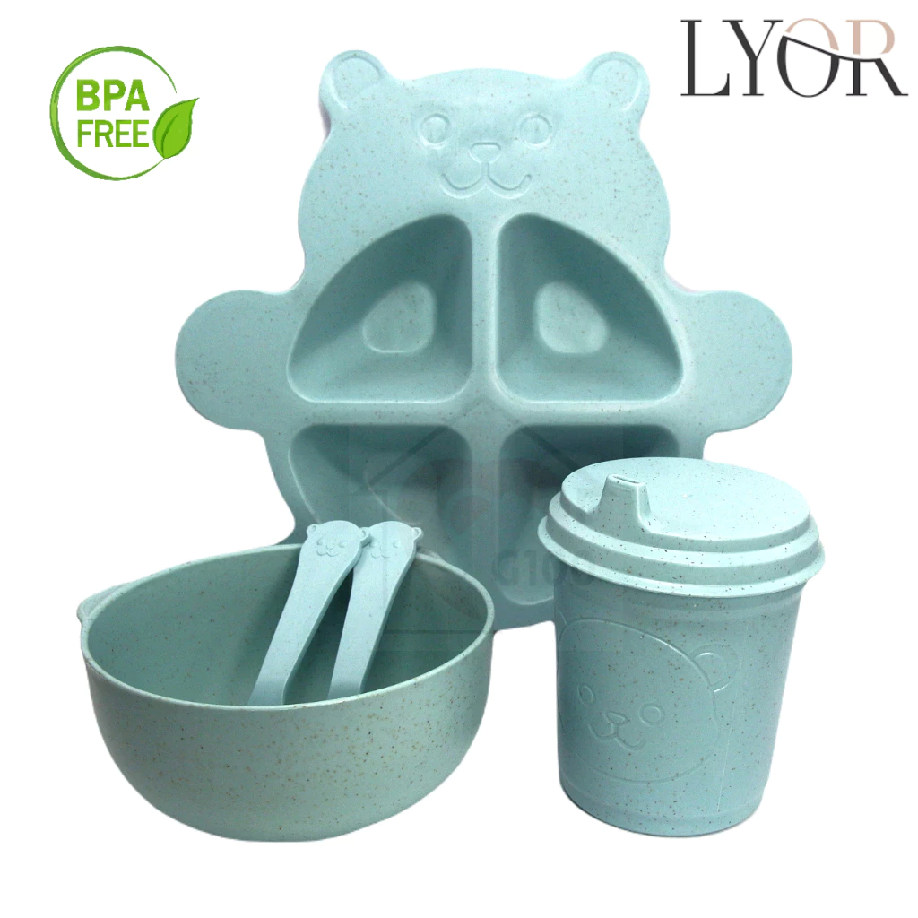 Kit Alimentação c/ Copo Prato Colherzinha Garfinho Copo com Tampa e Bico Bambu e PP Baby Bear Azul- Lyor