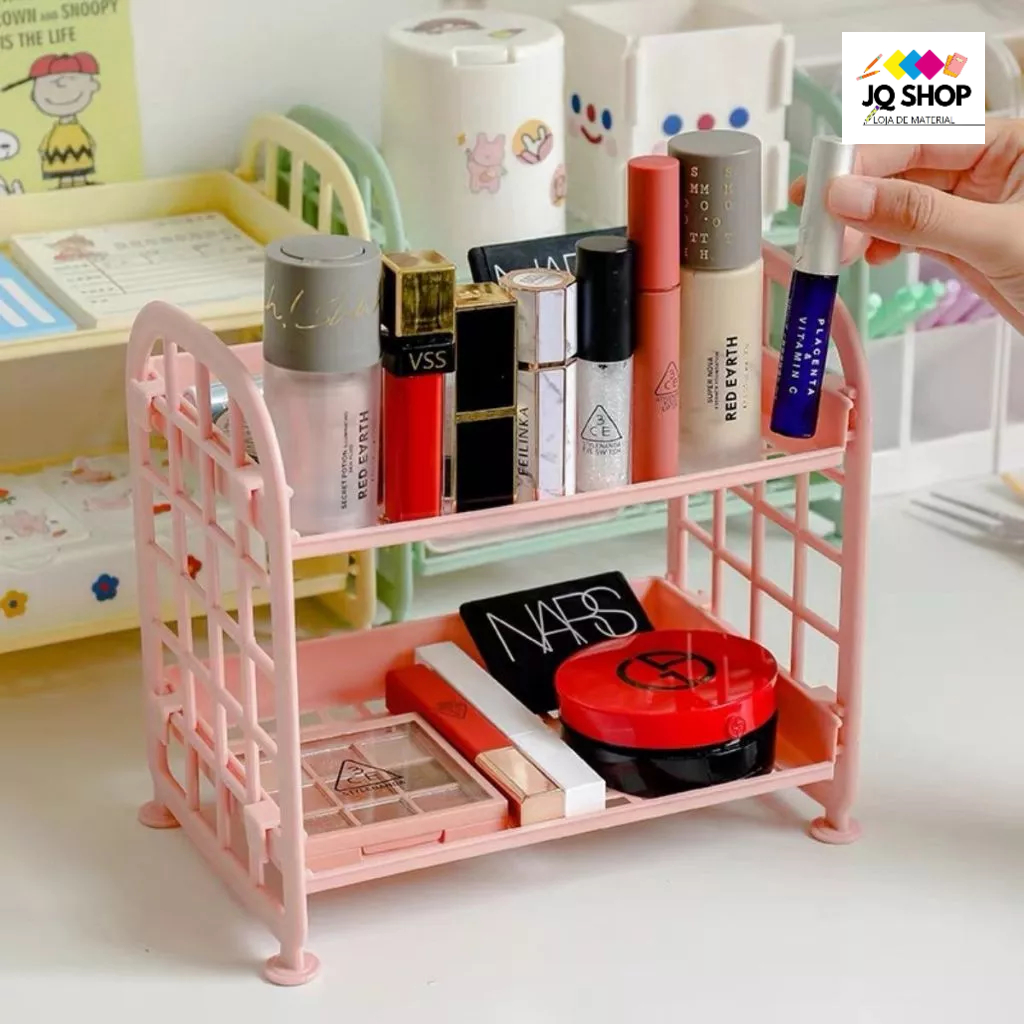 Rack Organizador de produtos e armazenamento de cosmético dobrável dupla camada para banheiro, cozinha e artigos