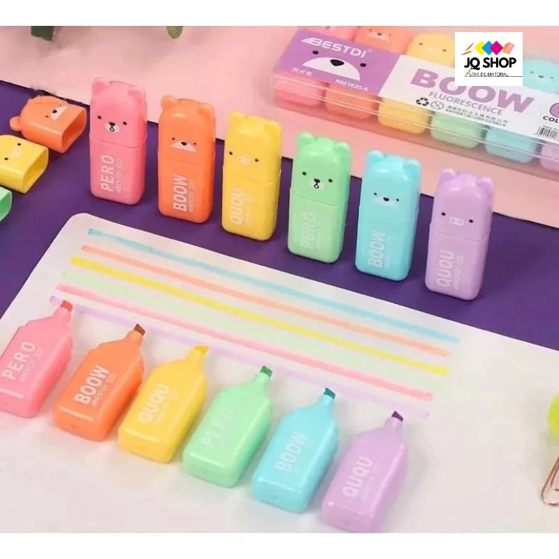 Mini Marca Texto Urso Ursinho 6 CORES Estojo Com TEXTO BOOW