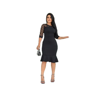 Vestido Preto tule/poá - Midi Tubinho Sereia e Mangas Curtas.