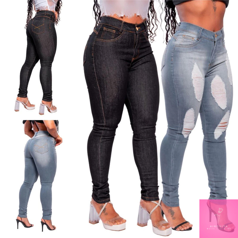 kit 3 Calças Jeans Feminina Skinny Cós Alto que empina Hot Pants