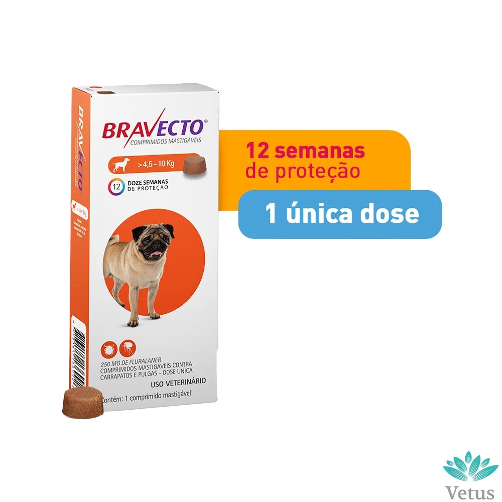 ANTIPULGAS E CARRAPATOS BRAVECTO PARA CÃES DE 4,5 a 10 Kg