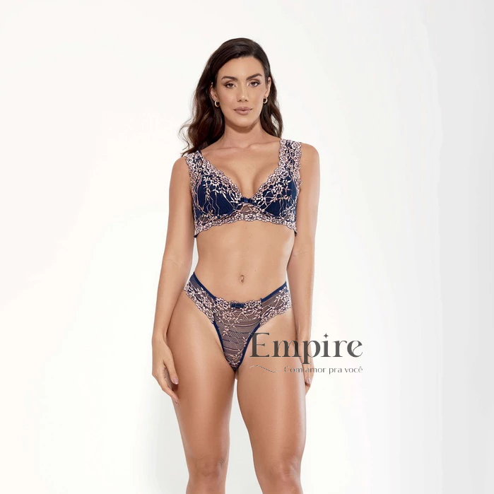 Conjunto Lingerie Bojo Renda Bicolor Calcinha Feminina Sutiã com Bojo e Aro