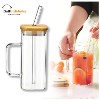 Copo Com Tampa de Bambu e Canudo 300ml Caneca de Vidro Com Tampa