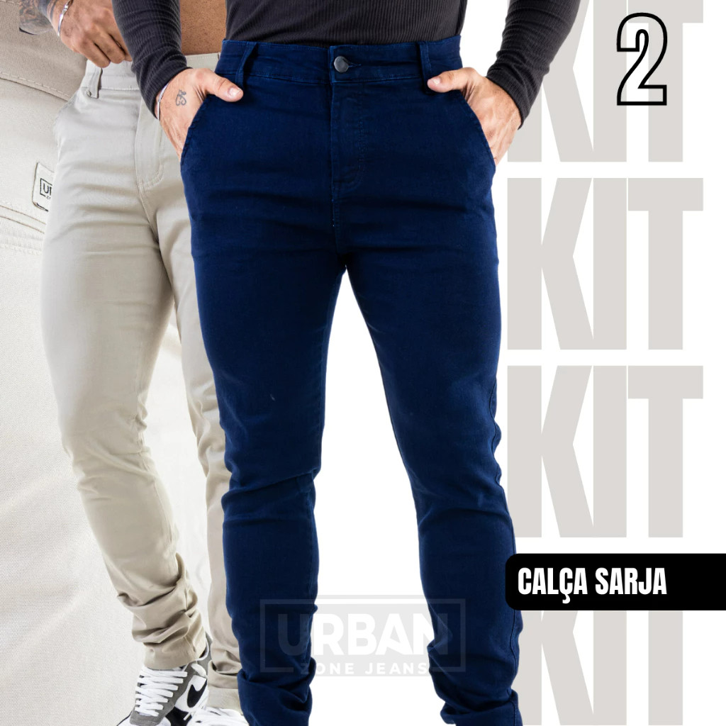 Kit 2 Calças Masculinas Social Sarja Modelo Esporte Fino Brim com Elastano