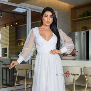 Vestido de Casamento Noiva em tule com brilho punho Longo Sônia Anair