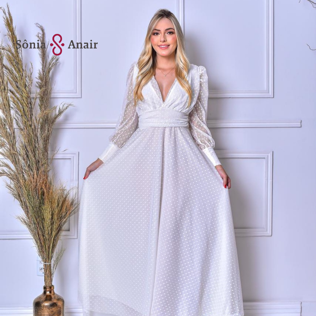 Vestido de Noiva Civil, Longo, Tule, Manga Longa Comprida, Moda 2022  Casamento