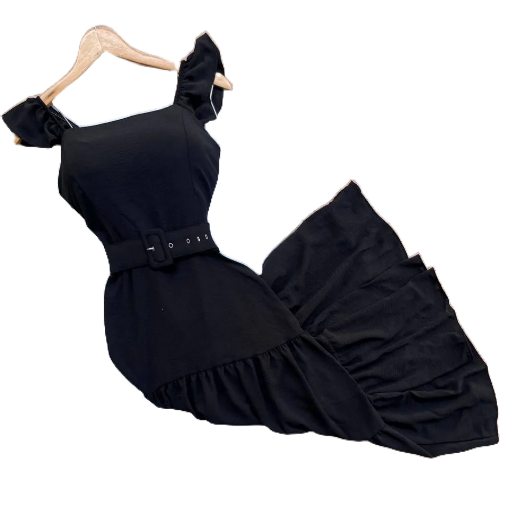 Vestido Midi Jenyfer com Cinto Manga Babado - Preto