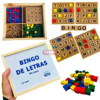 Bingo de Letras Alfabeto Peças Em Madeira 281 peças (15 cartelas + 28 letras + 238 pedrinhas + 1 estojo) Brinquedo Educativo Pedagogigo