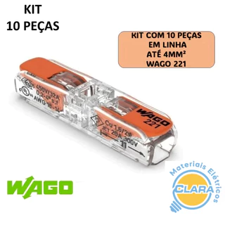 Kit 10pçs Emenda RETA WAGO INLINE 0,08 a 4mm² Até 32A 221-2411