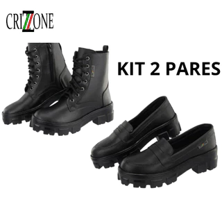 Kit Bota e Mocassim Coturno Tratorado Conjunto Inverno e Verão Bota Zíper Lateral Tratorada