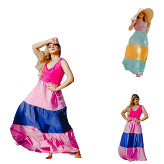 Vestidido Saída Longo Collors Lila. Em Camadas Estilo 3 Marias