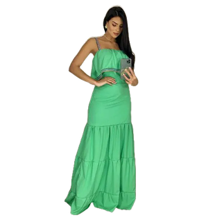 Vestido Longo Feminino, Alfaiataria Camadas Babado Alça