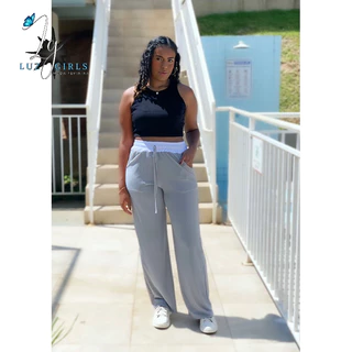 Calça pantalona Feminina Elástico na Cintura BICOLOR Canelado premium 3D