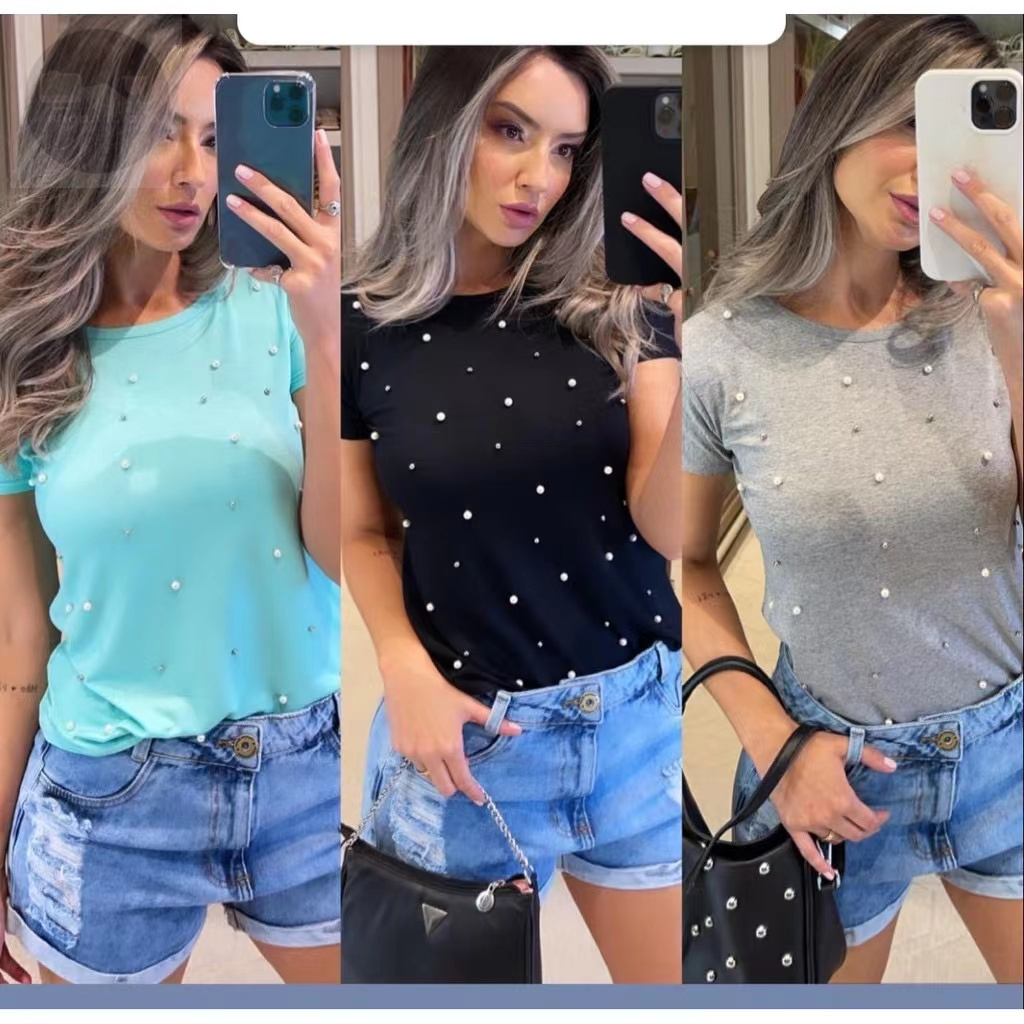 T-shirt Blusa Feminino Com Perolas verao moda