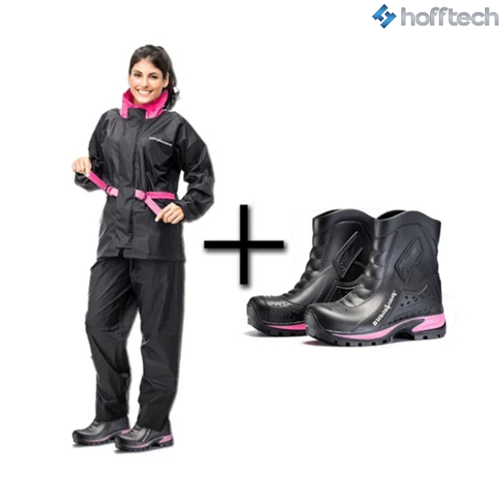 Capa Feminina De Chuva Nylon Pantaneiro C/ Detalhes Em Rosa Bota