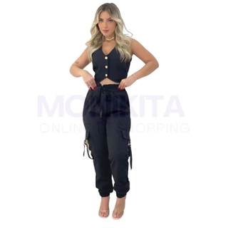 Conjunto de Alfaiataria Preto Cropped com Botão e Calça, Online Shopping